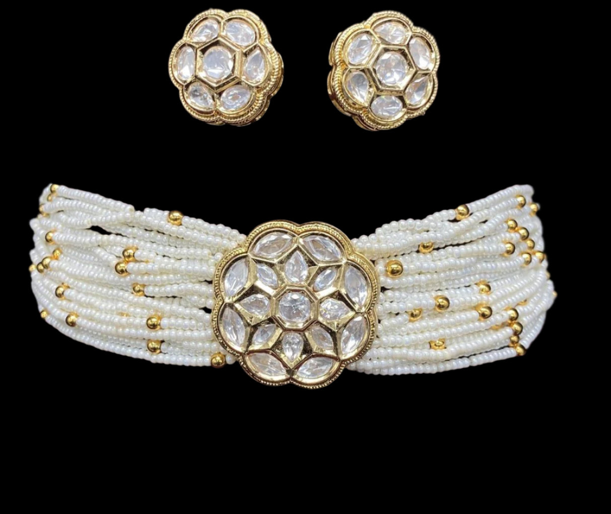 Elegant White Beads Choker Set with Kundan Earrings Set - Sparkling Nailon