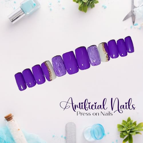 Sparkling Nailon Acrylic Purple color Press On Nails artificial Designer Nails Stick on Nails Fake Nails ready nails with glue kit Extension 20 Pieces - Sparkling Nailon