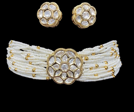 Elegant White Beads Choker Set with Kundan Earrings Set - Sparkling Nailon
