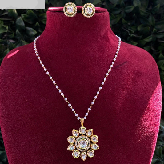 Elegant Kundan white beaded chain Jewellery Set with Stone Pendant & Matching Earrings - Sparkling Nailon