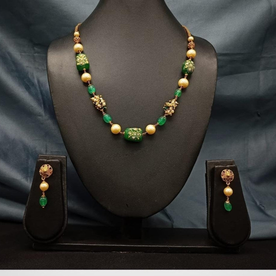 Brass Green Mala Chain with Earrings Set – Elegant Allure - Sparkling Nailon