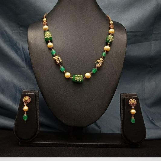 Brass Green Mala Chain with Earrings Set – Elegant Allure - Sparkling Nailon