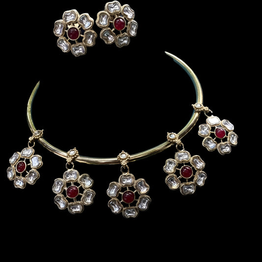 Handcrafted Gold Brass Hasli Choker with Kundan Pendant & Matching Earrings set - Sparkling Nailon