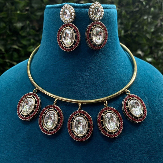 Handcrafted Gold Brass Hasli Choker with Kundan Pendant & Matching Earrings set - Sparkling Nailon