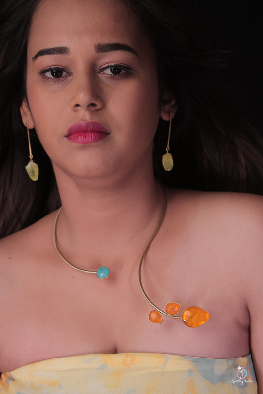 Designer Gold Plated Light weight Hasli Necklace for Women and Girls. (Blue resin stone) - Sparkling Nailon