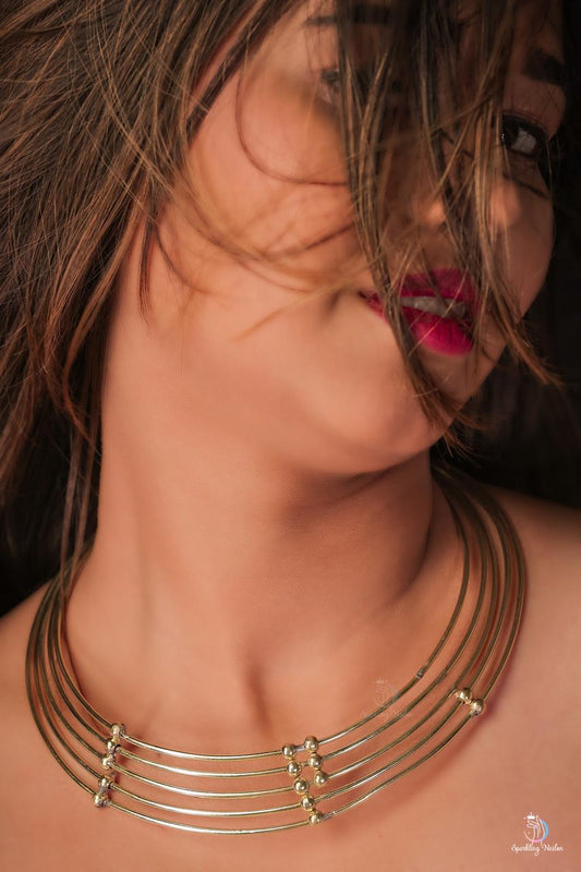 Brass Handcrafted Gold Plated 5 Layer Designer Hasli Necklace choker Elegant Statement Jewelry - Sparkling Nailon