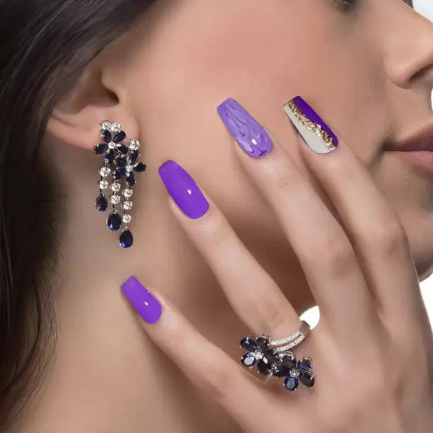 Sparkling Nailon Acrylic Purple color Press On Nails artificial Designer Nails Stick on Nails Fake Nails ready nails with glue kit Extension 20 Pieces - Sparkling Nailon
